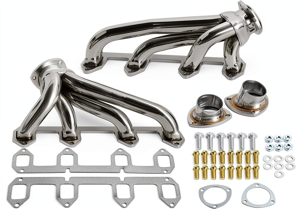 Stainless steel exhaust header installed on a Ford big block engine